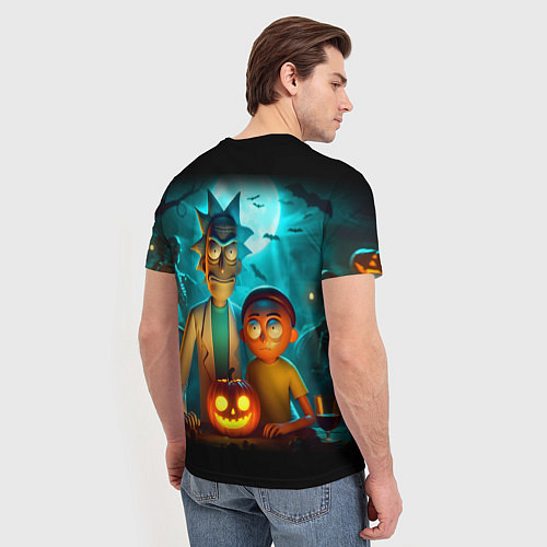 Мужская футболка Morty and Rick with pumpkin - neon halloween / 3D-принт – фото 4