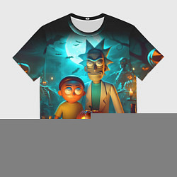 Мужская футболка Morty and Rick with pumpkin - neon halloween