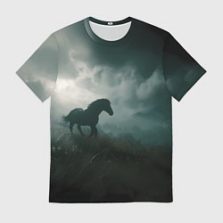 Футболка мужская Лошадь в поле - буря, цвет: 3D-принт