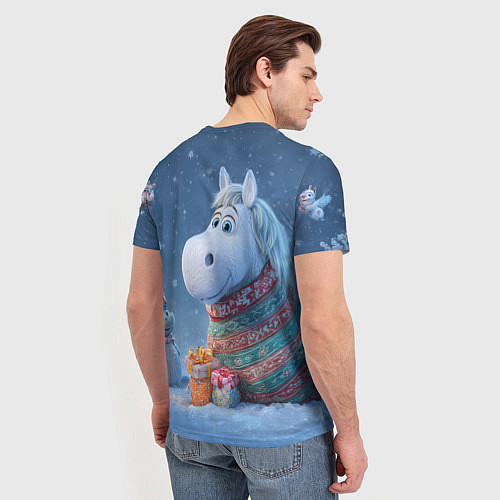 Мужская футболка Новогодняя лошадь с подарками / 3D-принт – фото 4