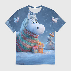 Мужская футболка Новогодняя лошадь с подарками