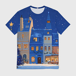 Мужская футболка Синяя новогодняя елочка во дворе