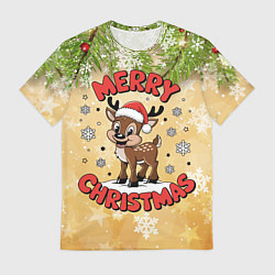Футболка мужская Олень в шапке Санты, цвет: 3D-принт