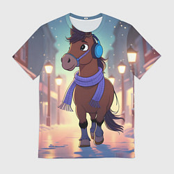 Мужская футболка Лошадка в шарфе и наушниках