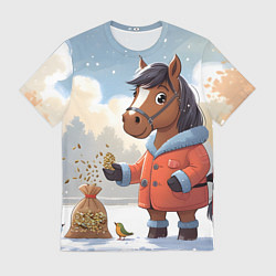 Мужская футболка Лошадка на зимней прогулке