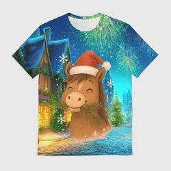 Мужская футболка Новогодняя лошадка жует елочные ветки