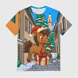 Мужская футболка Лошадка распаковывает новогодний подарок