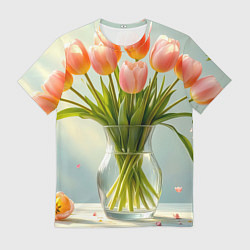 Мужская футболка Нежно-розовые тюльпаны в лучах весны