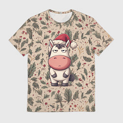 Мужская футболка Новогодняя лошадка на фоне елочных веток