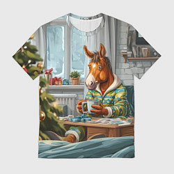 Мужская футболка Лошадка встречает Новый год дома