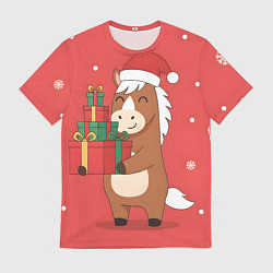 Футболка мужская Новогодняя лошадка с подарками, цвет: 3D-принт