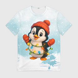 Мужская футболка Пингвинчик в свете зимних огней