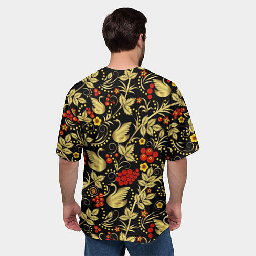 Мужская футболка оверсайз Хохлома золотые лебеди / 3D-принт – фото 4