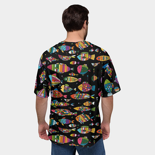 Мужская футболка оверсайз Разноцветные рыбы - черный фон / 3D-принт – фото 4