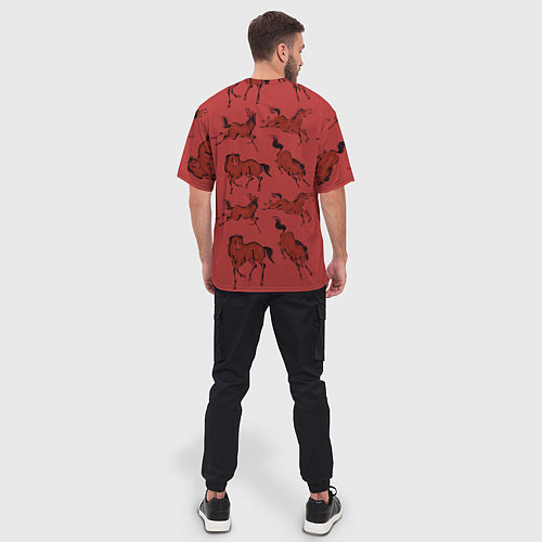 Мужская футболка оверсайз Красные кони / 3D-принт – фото 4