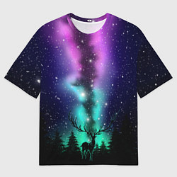 Футболка оверсайз мужская Силуэт оленя северное сияние, цвет: 3D-принт