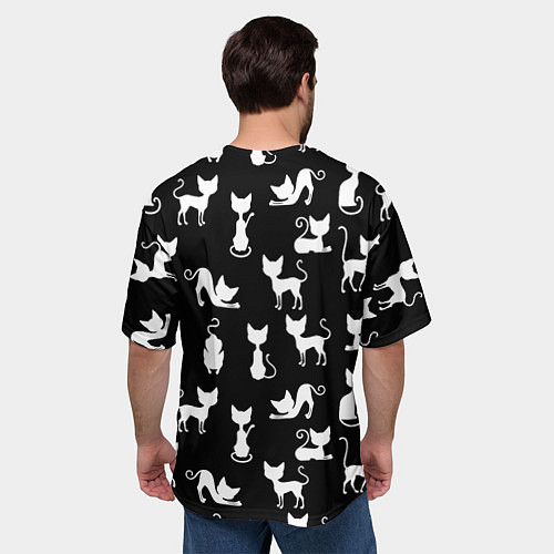 Мужская футболка оверсайз КОШКИ БЕЛОЕ НА ЧЕРНОМ / 3D-принт – фото 4