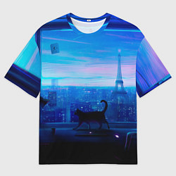 Мужская футболка оверсайз Кошка арт окно