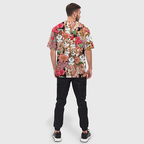 Мужская футболка оверсайз Корги & Цветы / 3D-принт – фото 4