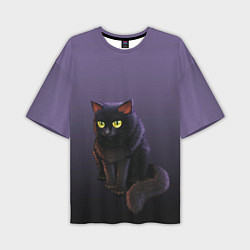Мужская футболка оверсайз Черный кот на фиолетовом