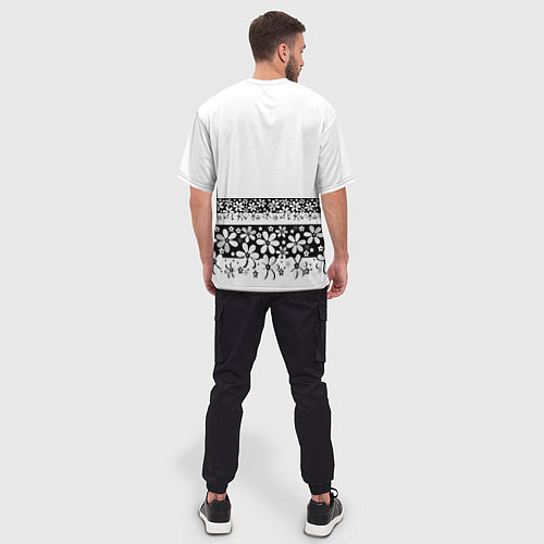 Мужская футболка оверсайз Черно-белый цветочный принт / 3D-принт – фото 4