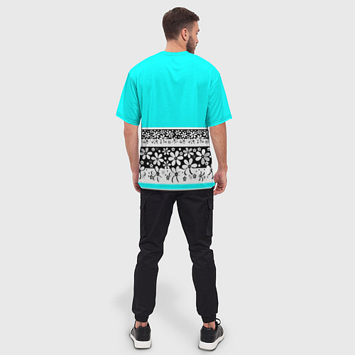 Мужская футболка оверсайз Цветочный бирюзовый узор / 3D-принт – фото 4