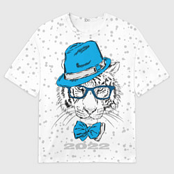 Мужская футболка оверсайз Белый тигр в синей шляпе