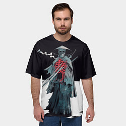 Футболка оверсайз мужская Скелет Самурай с трубкой на черно белом фоне, цвет: 3D-принт — фото 2
