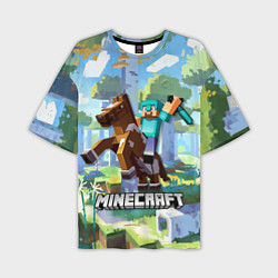 Мужская футболка оверсайз Майнкрафт на коне в березовом лесу
