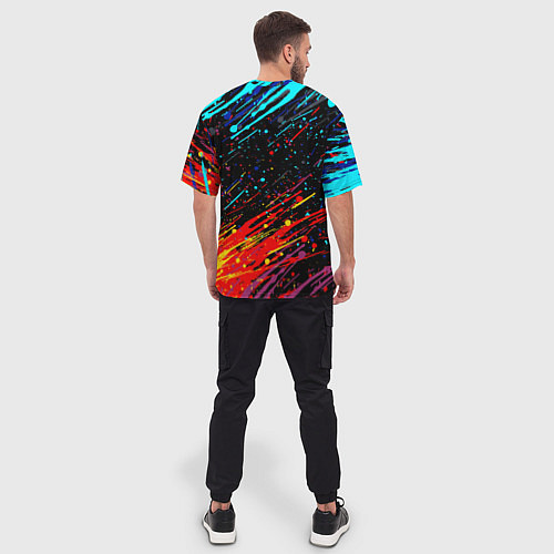 Мужская футболка оверсайз Cyberpunk 2077 Цветные брызги / 3D-принт – фото 4