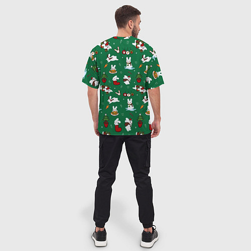 Мужская футболка оверсайз Новогодний паттерн с зайчиками / 3D-принт – фото 4