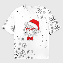 Футболка оверсайз мужская Новогодний тигр летящие снежинки, цвет: 3D-принт