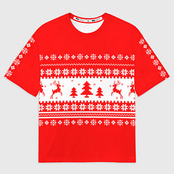 Футболка оверсайз мужская КРАСНО-БЕЛЫЙ СВИТЕР С ОЛЕНЯМИ, цвет: 3D-принт