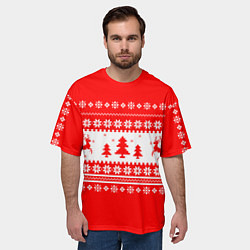 Футболка оверсайз мужская КРАСНО-БЕЛЫЙ СВИТЕР С ОЛЕНЯМИ, цвет: 3D-принт — фото 2
