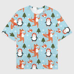 Футболка оверсайз мужская Лисята и пингвины Новый год 2022, цвет: 3D-принт