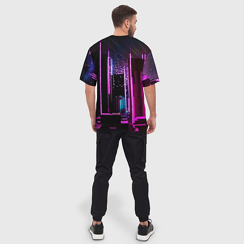 Мужская футболка оверсайз Ночной город в киберпанке / 3D-принт – фото 4