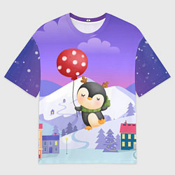 Мужская футболка оверсайз Новогодний пингвин с шариком