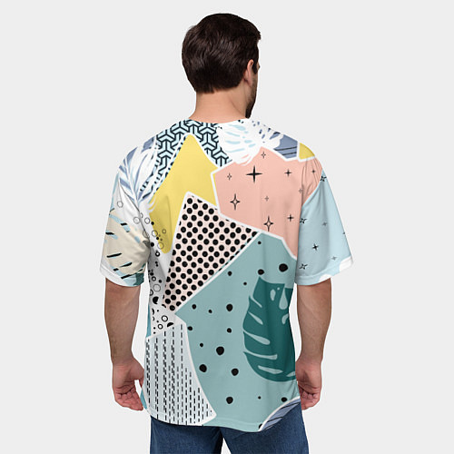 Мужская футболка оверсайз Абстрактный узор с пальмовыми листами и геометрией / 3D-принт – фото 4