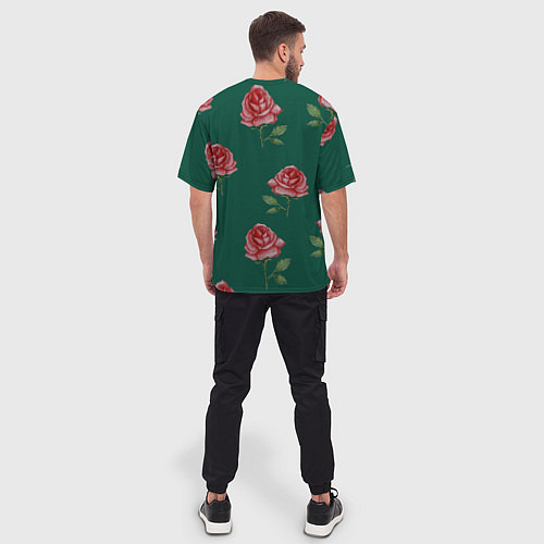 Мужская футболка оверсайз Ярко красные розы на темно-зеленом фоне / 3D-принт – фото 4
