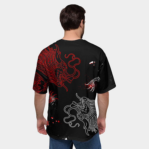 Мужская футболка оверсайз Китайский дракон Красно - Белый / 3D-принт – фото 4