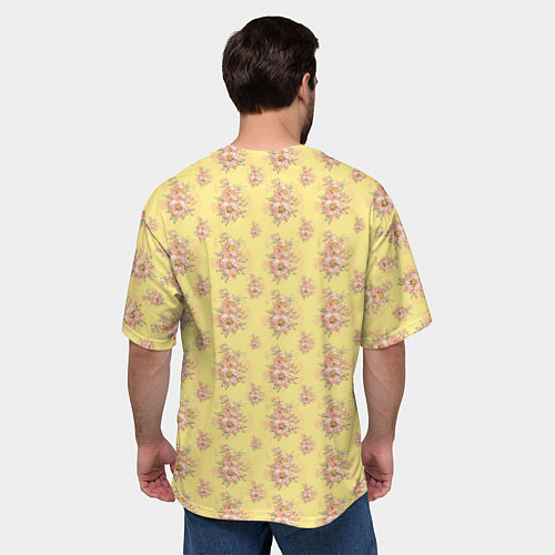 Мужская футболка оверсайз Розовые пионы на желтом фоне / 3D-принт – фото 4