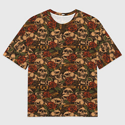 Футболка оверсайз мужская Черепа с оружием и розами, цвет: 3D-принт