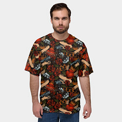 Футболка оверсайз мужская Кастеты, Пистолеты, Розы, Сердечки, цвет: 3D-принт — фото 2