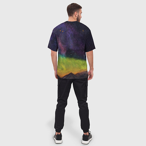 Мужская футболка оверсайз Горный пейзаж со звёздным небом и северным сиянием / 3D-принт – фото 4