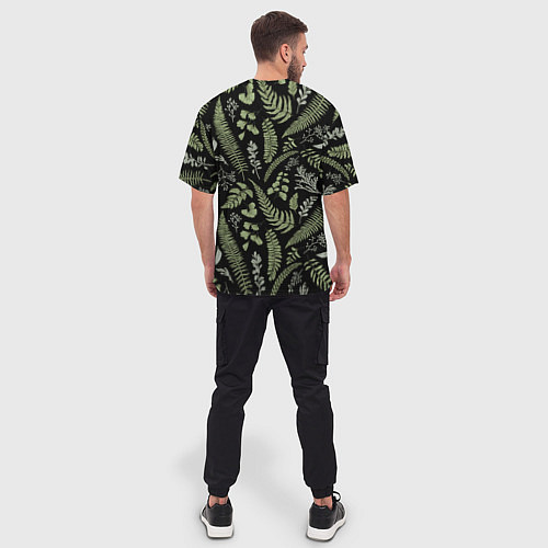 Мужская футболка оверсайз Зелёные листья папоротника на черном фоне / 3D-принт – фото 4