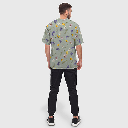 Мужская футболка оверсайз Простой цветочный принт на зеленом фоне / 3D-принт – фото 4