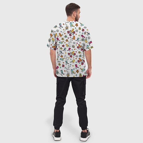 Мужская футболка оверсайз Птицы и цветы Разноцветный узор в дудл стиле / 3D-принт – фото 4