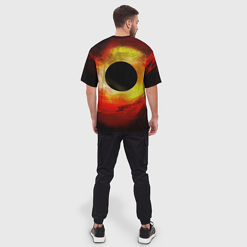 Мужская футболка оверсайз Черная дыра на красно-желтом фоне / 3D-принт – фото 4