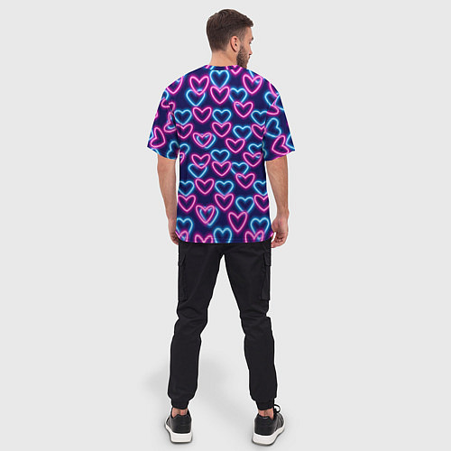 Мужская футболка оверсайз Неоновые сердца, паттерн / 3D-принт – фото 4