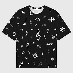 Футболка оверсайз мужская Нотные Знаки Белые на Черном, цвет: 3D-принт